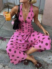 2026春夏新款时尚休闲百搭日常度假撞色波点V领露背修身长裙，波点连衣裙，春假穿搭，情人节女士穿搭，派对连衣裙，沙滩连衣裙，街头风，Y2K风格，粉色连衣裙，生日连衣裙，嘉年华服装，女士正式礼服/长裙，女士奢华晚礼服，女士休闲连衣裙，度假连衣裙，女士毕业礼服，女士婚礼宾客连衣裙，圣帕特里克节连衣裙，女士复活节连衣裙，节日连衣裙，春季优雅服饰 - 玫紅色 - 查看 3