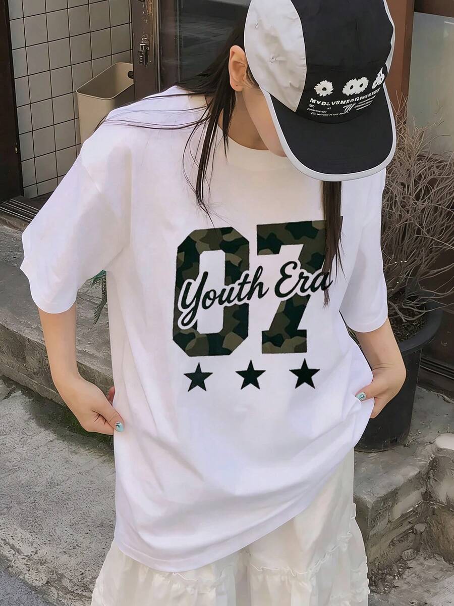 Japanese Women's Spring And Summer Pure Cotton Crew Neck Loose Fit 100 Pieces Simple Print Short Sleeve T-Shirt - White - View 1