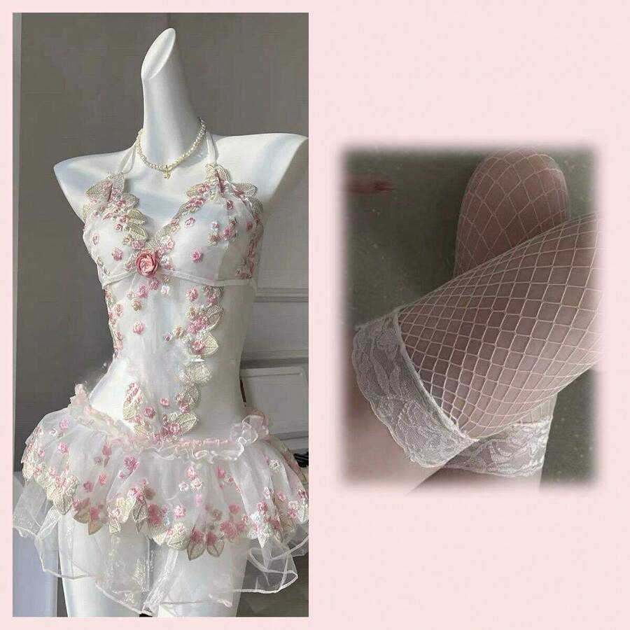 1piece Coquettish Lingerie Ensemble In Classic Pink, Combining A Flirty Mini Dress With Delicate Bridal Tulle Veil And Ruffled Tiered Skirt Design, Adorned With Dainty Embroidery For A Captivating Blend Of Innocent Charm And Seductive Elegance On Romantic Occasions. - 華仙子網紗蓬蓬裙 + [雪白漁網襪] - 查看 1