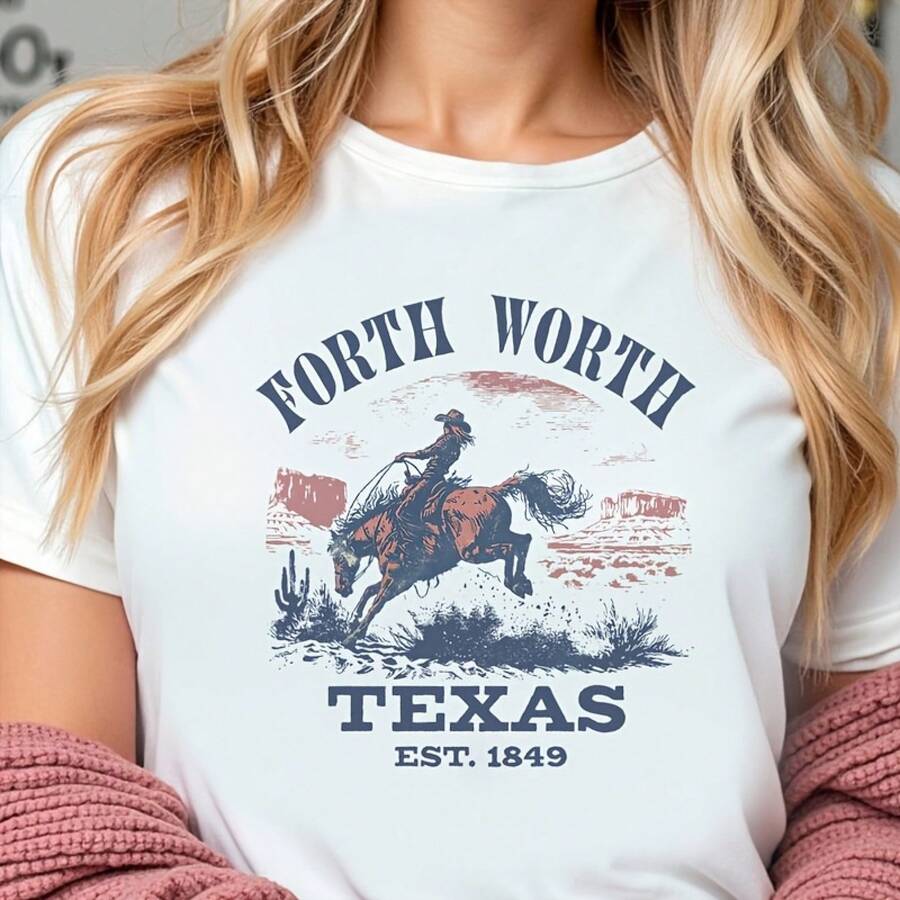 Fort Worth, Texas East. 1849 Cowboy Horse Desert Landscape Graphic T-Shirt - Casual Crew Neck Cotton Tees, Summer Breathable, Perfect Gift For Cowboy FansValentine Gift, Valentine Days,Going Out Tops,Vintage,Summer Outfits For Women,T-Shirt - 白色 - 查看 1