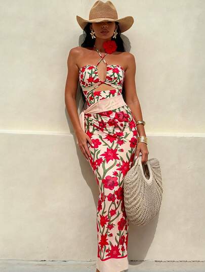 Floral Print Halter Cutout Two Pieces Midi Dress Set