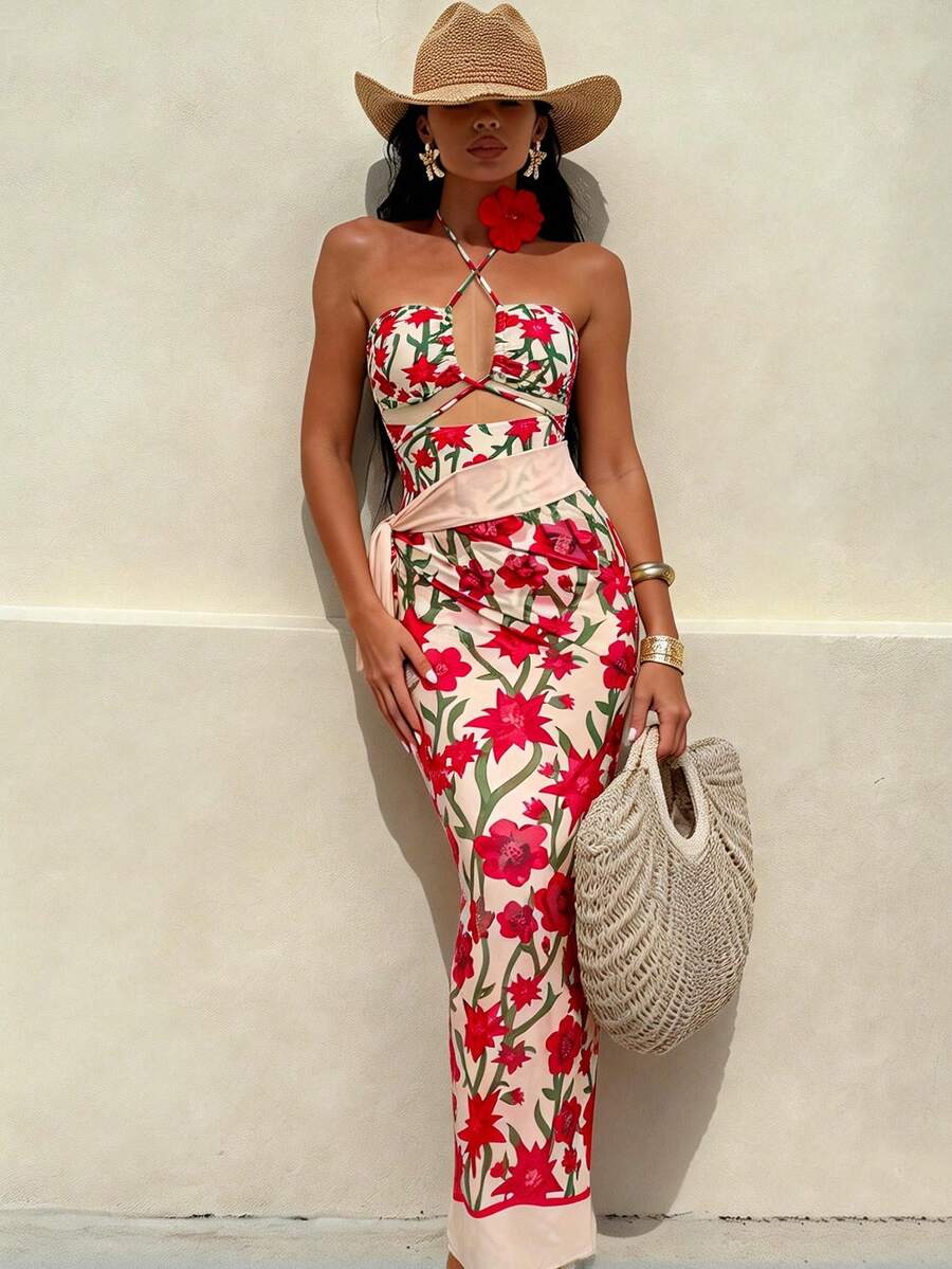 Floral Print Halter Cutout Two Pieces Midi Dress Set - Multicolor - View 1