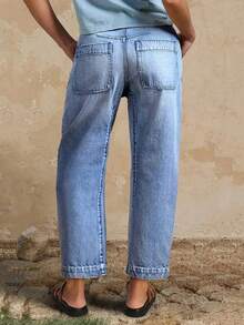 Elegant Casual Women's Straight Leg Jeans, With Button Details And Distressed Wash, Medium Stretch Fabric - Light Wash - View 4