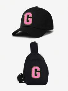 2pcs Kids Black & Pink Letter Baseball Cap Set, 26 Letters Customizable, Fashion Minimalist Sun Hat, Compact & Portable, Suitable For Boys & Girls Outdoor, Spring/Summer - Black - View 24