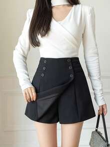 1pc Women's Button-Up A-Line Skirt & High Waist Casual Wide Leg Pants Suit - Black - View 4