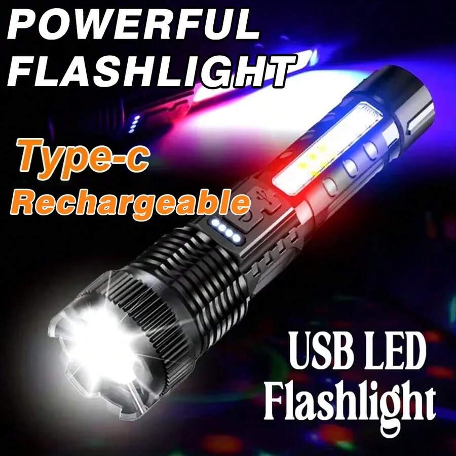 Linterna recargable de largo alcance y enfoque ajustable, mini linterna LED multifunción con zoom para exteriores - flash - Ver 1