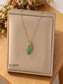 1pc Gold Stainless Steel Chain Cubic Zirconia Water Drop Necklace, Creative Personalized Design, Luxury Retro Minimalist Fashion Necklace For Daily, Holiday, Party Wear (OPP Bag Packaging) - Green - View 3