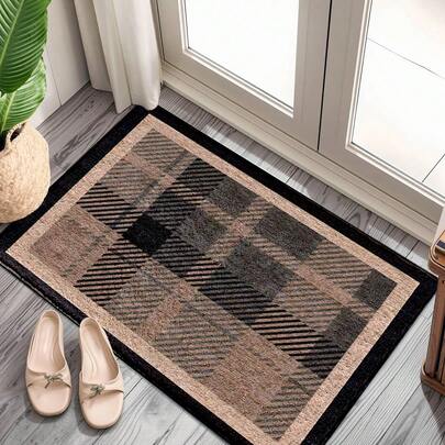 1pc Vintage Style Geometric Square Line Patchwork Pattern Printed Faux Wool-Like TPR Bottom Doormat, Bathroom Mat, Kitchen Mat, Laundry Room Mat, Holiday Decor, Home Decor, Party Decor, Wedding Decor, Dining Decor