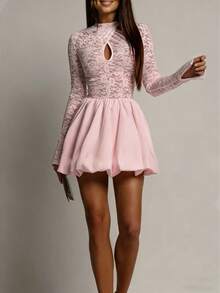 新款性感优雅蕾丝镂空连衣裙，适合春夏晚间约会派对，粉色 - 粉色 - 查看 3