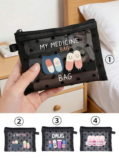 1个迷你便携网眼药袋，印有药丸字母图案，可作急救包、医疗应急包、户外家用药品药丸收纳袋、旅行收纳袋、化妆包、护肤品收纳袋、唇油收纳袋，母亲节礼物、生日礼物、浴室收纳袋、学生宿舍洗漱包，送给妻子、家人、朋友的礼物