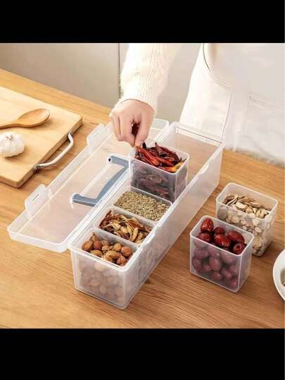 7件套（1个大盒+6个小盒）便携式带盖密封调料罐套装，气密调料罐，PP材质，食品储物盒，可拆卸调料盒，适用于存放香料、草药、调味料，多用途，厨房收纳食品储藏，户外露营 - 餐桌调味罐，适用于餐饮服务