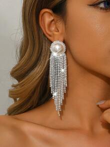 Luxury Bridal Silver Crystal Faux Pearl Tassel Earrings, Long Crystal Pendant Drop Earrings Suitable For Wedding, Bridesmaid, Wedding Guest, Party, Prom - 1697 Earrings - View 2