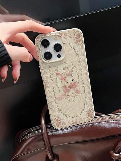 Fashionable, Popular, Personalized, Vintage Bunny With Pink Bow Baroque Pattern Print Pattern Design Theme Luxury Shockproof Aesthetic Cute Phone Case,Soft-Touch Ultimate Grip, Waterproof & Durable, Imitation Leather Texture, Full-Wrap Feel