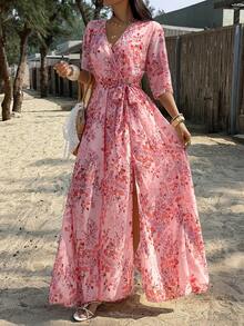 PoPoHouse Women's Elegant Romantic Ditsy Floral Waist Tie Summer Dress, Beach Holiday Ladies Outfit Vacation - Dusty Pink - View 8