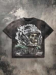 Y2K Style Skeleton Football Player, American Sport, Vintage Airbrush Printing Cotton T-Shirt - Soft, Breathable, 100% Pure Cotton Fabric - Comfortable And Energetic Summer Street Style Short Sleeved T-Shirt, Cool Design Retro Summer Men's Daily Wear T-Shirt,Men's Casual, Comfortable, Fashionable T-Shirt, Street Style Cotton T-Shirt - 黑色 - 查看 2