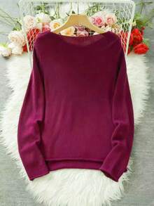 Maglione morbido a collo tondo da donna taglie forti, stile retrò fresco, casual per la primavera, adatto per primavera/autunno/inverno, in tessuto lavorato a maglia tinta unita, non un maglione da donna taglie forti per le vacanze di primavera e autunno - Viola - Visualizzare 3