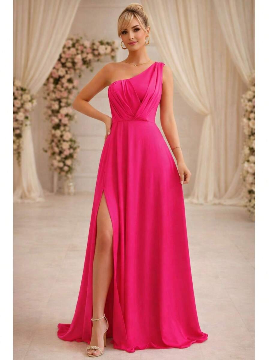 Long Dress For Bridesmaid, Wedding, Graduation, Guests, One Shoulder, Detailed Bust. - 玫紅色 - 查看 1