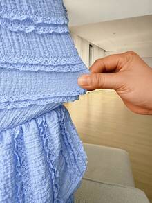 AIJ Amarilo Women'S Sky Blue Textured Dress - One-Shoulder Cutout Top & Tiered Ruffle Mini Skirt, Sexy Beach Vacation Outfit, Summer - Blue - View 7