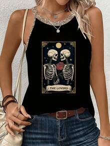 Tarot - Inspired - 'THE LOVERS' Tarot - Like Skeleton Graphic Women's Casual Printed Summer Tank Top - màu đen - Xem 1