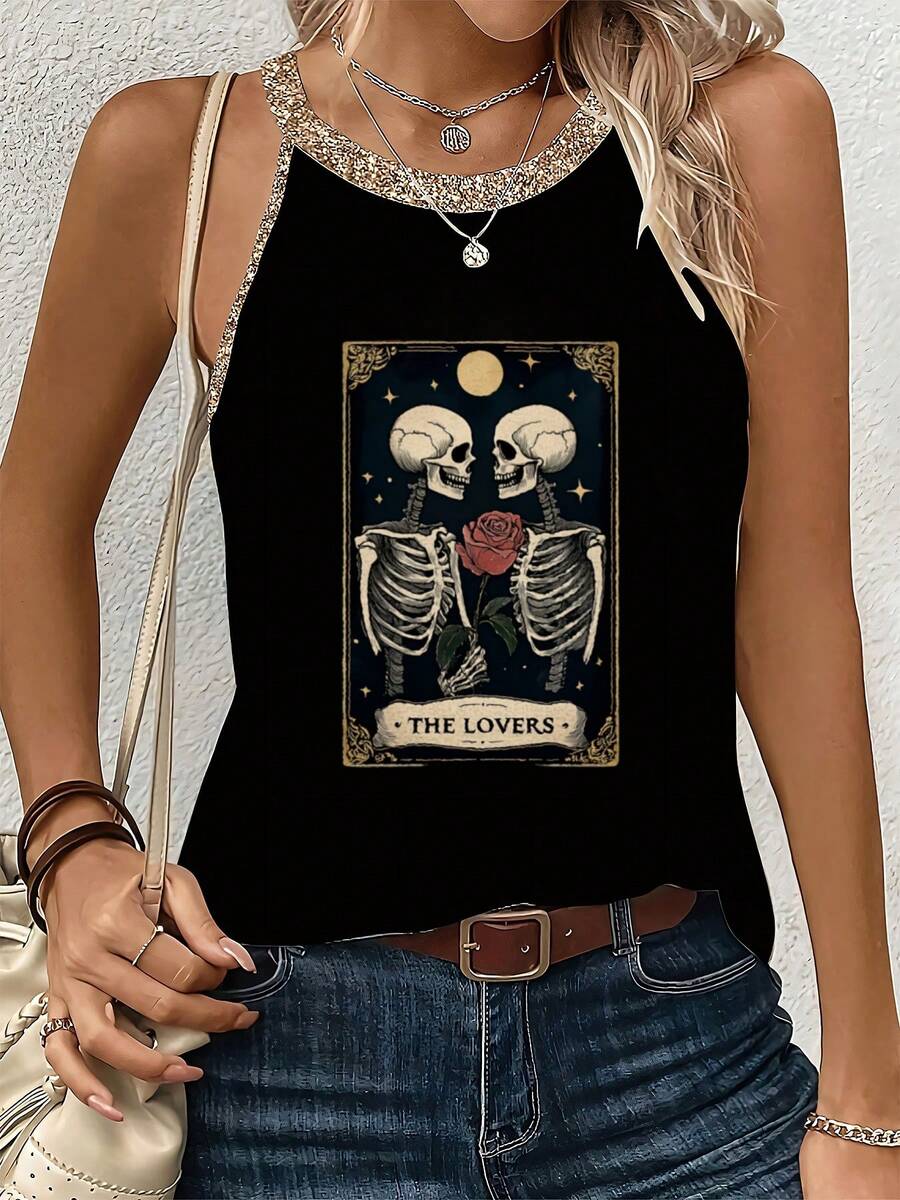 Tarot - Inspired - 'THE LOVERS' Tarot - Like Skeleton Graphic Women's Casual Printed Summer Tank Top - màu đen - Xem 1