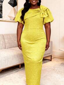 Plus Size Women Yellow Jacquard Elegant Long Dress With Bow Accent Puff Short Sleeve Curvy Dresses For Wedding Guest Formal Occasion - Yellow - View 1