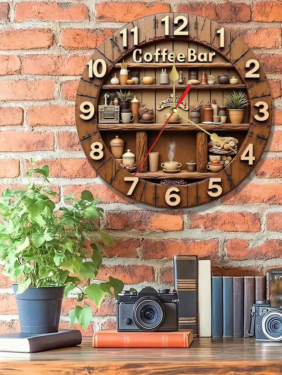 10/12 Inch Silent Wall Clock, 1pc 2D Effect Quiet Wooden DIY Wall Clock - Multicolor - View 1