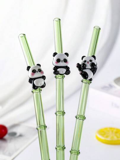 1/2支装趣味熊猫装饰弯头玻璃吸管 - 创意礼品，适用于日常果汁、咖啡、珍珠奶茶和派对饮品，是圣帕特里克节、学校和节日聚会的理想之选