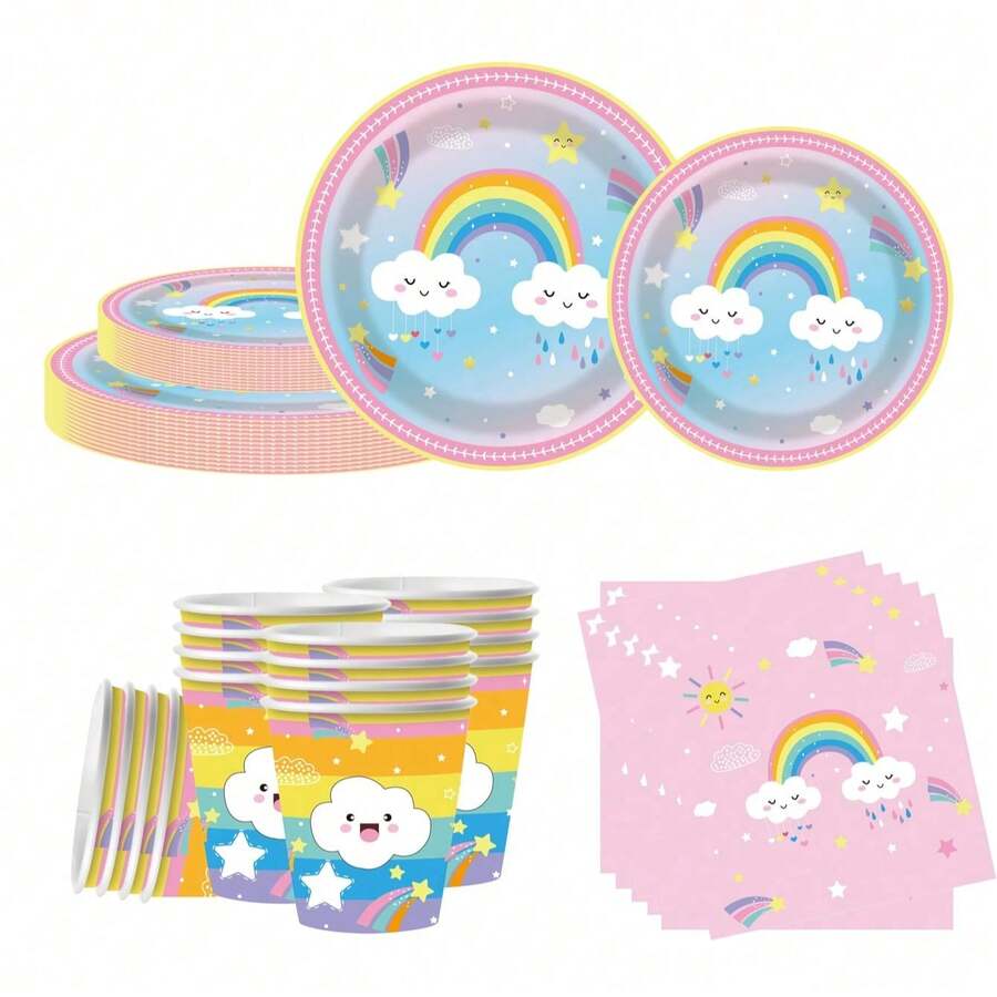 80/10pcs Cartoon Rainbow Cloud Party Supplies Set, 7/9 Inch Plates Cups Napkins Set, Suitable For 10-20 People, Applicable For Birthday Party, Picnic, Camping, Wedding Party Decoration - Multicolor - View 1