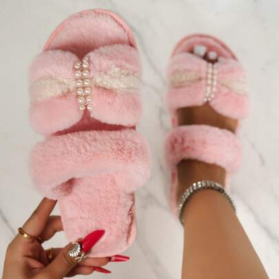 Women's Home Slippers, Pink Color Block Patchwork, Fairy Fabric Beaded, Fashionable Casual Indoor Wear, Autumn/Winter