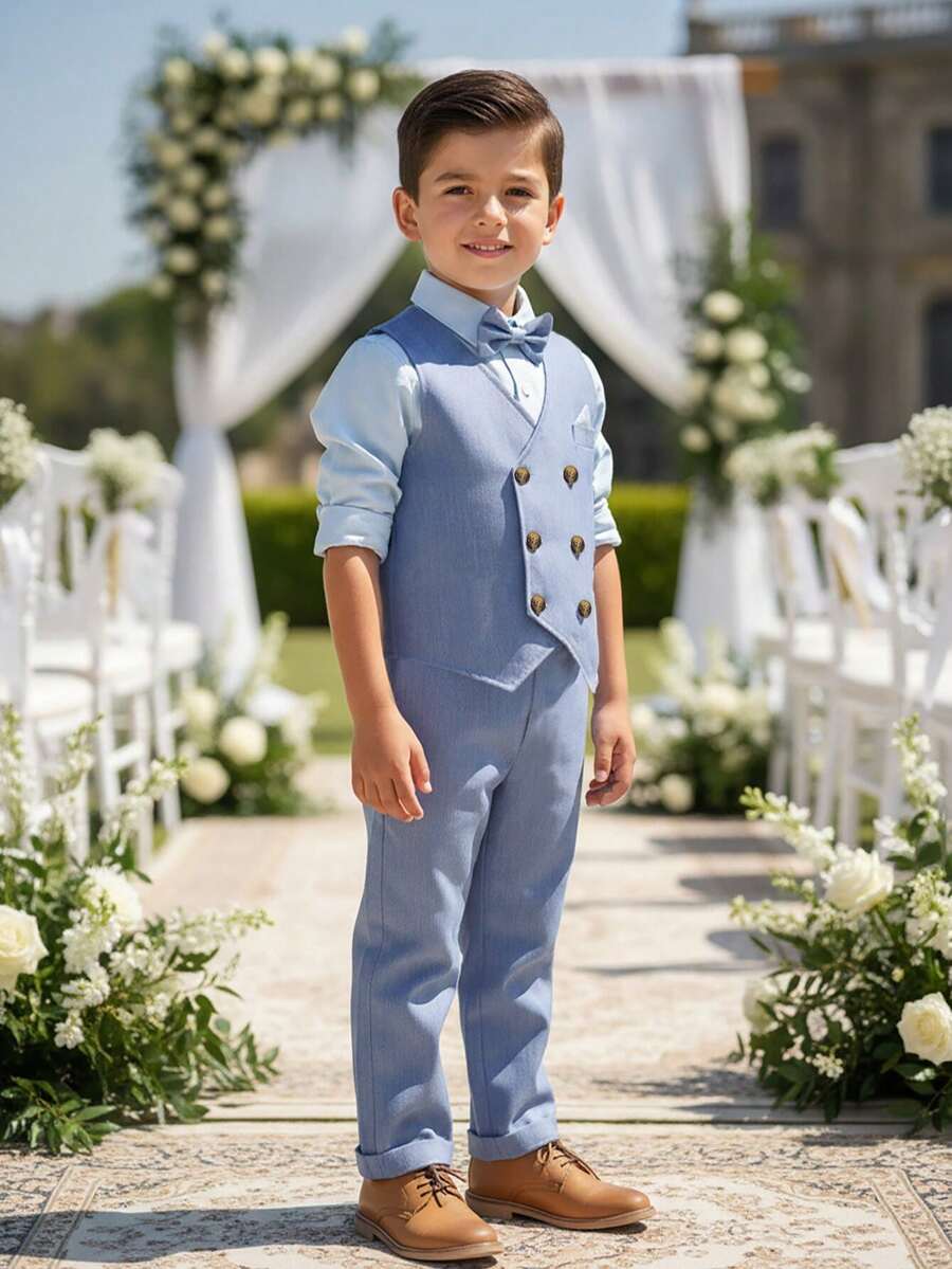BOARNSEORL 3pcs Young Boys Gentleman Outfit Set: Long Sleeve Shirt With Bow Tie, Blue Vest, And Blue Pants, Fashionable And Stylish For Birthday Party, Wedding, Anniversary Celebration - Blue - View 1