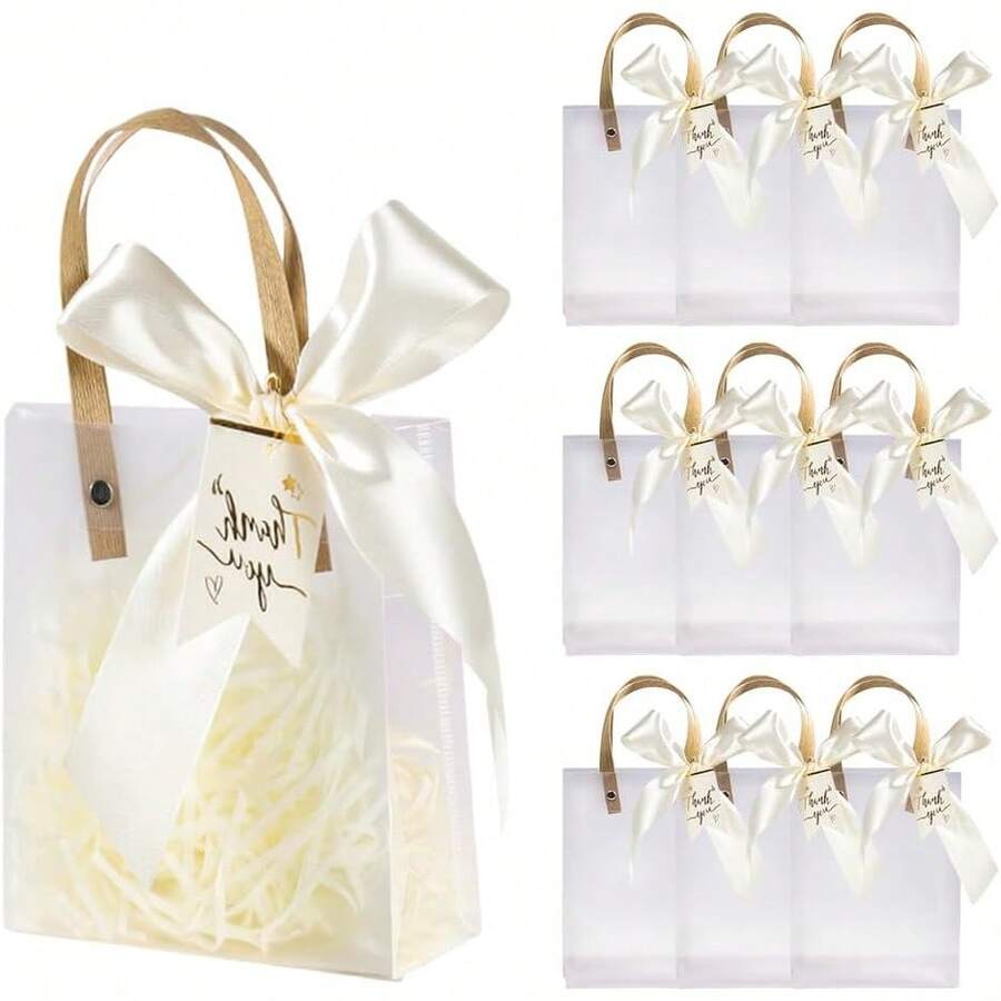 ¡RecomendadoBolsa de Plástico de PVC Transparente, 10 Bolsas de Regalo de Plástico Transparente con Asa, Bolsas de Compras Reutilizables con Cintas y Paja de Rafia 20x15x7cm (Rosa)¡Top de Temporada - Champán - Ver 1