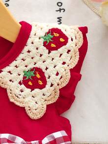 Baby Girl Solid Color Dress With Red & White Plaid Bow And Strawberry Crochet Collar - Red - View 6