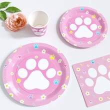 Pink Cat Paw Print Disposable Plates, Napkins, Cups - One-Time Party Supplies Set, Suitable For 10 Guests, Disposable Paper Plates Party Tableware For Birthday, Wedding, Picnic - Multicolor - View 4