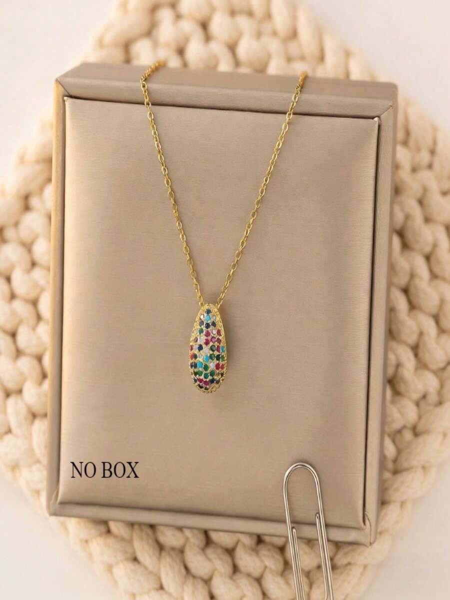 1pc Gold Stainless Steel Chain Cubic Zirconia Water Drop Necklace, Creative Personalized Design, Luxury Retro Minimalist Fashion Necklace For Daily, Holiday, Party Wear (OPP Bag Packaging) - Green - View 1