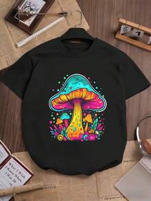 Women's Colorful Mushroom Graphic T-Shirt, 100% Cotton, Comfortable Fit, Breathable, Street Hip-Hop, Unique Graphic Print - Black - View 2