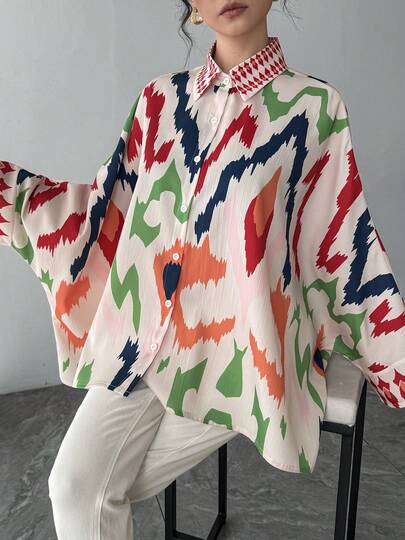 1件女士几何图案印花翻领单排扣开衫长袖插肩袖优雅衬衫 - 舒适透气，适合节日穿着，完美适用于工作、日常穿着、派对、宴会、婚礼、新年和其他场合，是斋月、开斋节、新年、母亲节和其他节日送给女友、妻子、母亲的理想礼物。