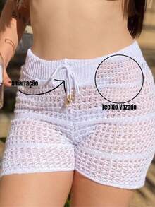 Women's Short Beach Cover-Up Knit Shorts With Crochet Detail And Adjustable Drawstring, Summer Fashion, Pool Style - 沙 - 查看 7