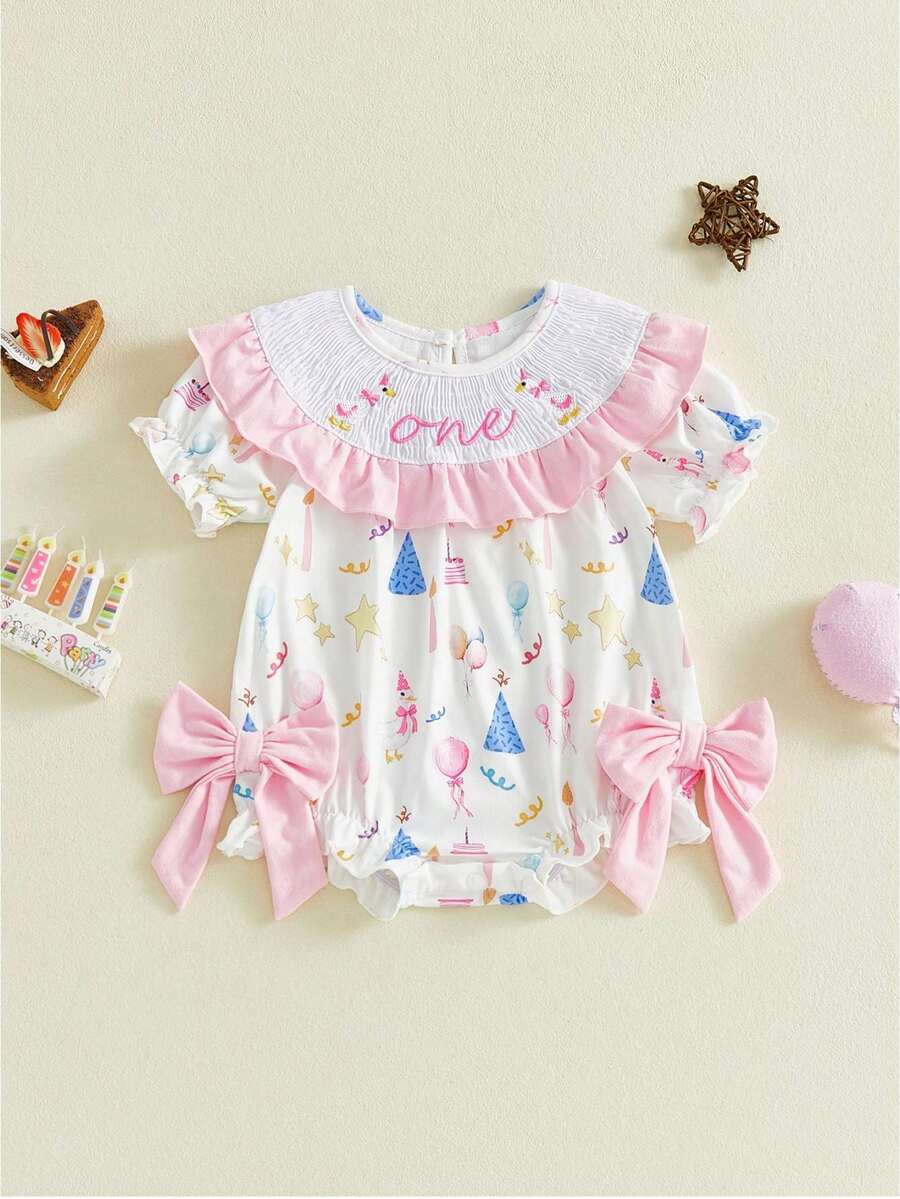 Infant Baby Girl Birthday Romper Letter Embroidery Bow Print Short Sleeve Ruffled Round Neck Bodysuit - White - View 1
