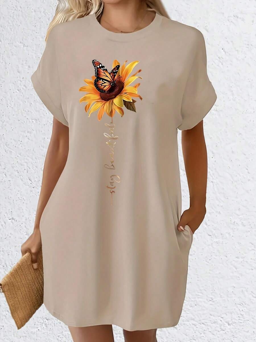 Printed-Shirt Dress, Short Sleeve Round Neck Casual Overseas Heat Transfer Dress, Suitable Summer And Spring, Women's Clothing AFT5 - Màu be - Xem 1