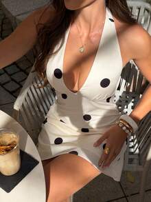 Look Polly Women's Spring Summer French Style Large Polka Dot Print Halter Deep V Neck Backless Flared Hem Mini Dress Cream Vacation Beach Party Date Outfit - White - View 7