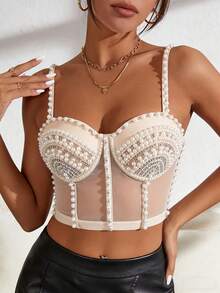 Sexy Nightclub Party Handmade Pearl & Rhinestone Bustier Crop Top, Revealing Backless Spaghetti Strap Tank Top For Clubwear - Apricot - View 1