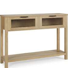 Mesa consola de madera para entrada, 2 niveles, 2 cajones de vidrio, estante de almacenamiento - Ideal para recibidor, sala de estar, cocina u oficina - Perfecta como mesa lateral o detrás del sofá - Marrón Chocolate - Ver 4