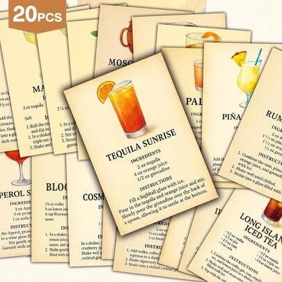 20张复古鸡尾酒配方明信片 - 插图饮品配方指南装饰卡片，包含配料和说明，适用于家居和酒吧墙面装饰，是送给调酒师和鸡尾酒爱好者的礼物