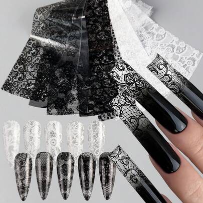 10pcs/Set Black White Lace Nail Art Foils Transfer Stickers Y2K Lace Flower Line Nail Foil Decals Paper Spring Nail Supplies For Women DIY Ramadan/Wedding Nail Charms Decorations