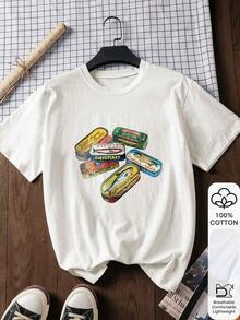 Fish Can Print% Cotton Short Sleeve-Shirt Women, Casual Summer Outfit, White Tee, Cotton Tee, Back To School Clothes, School Outfit Ideas, Back To School Essentials, First Day Of School Outfit, Back To School Outfits 2026 - 白色 - 查看 2