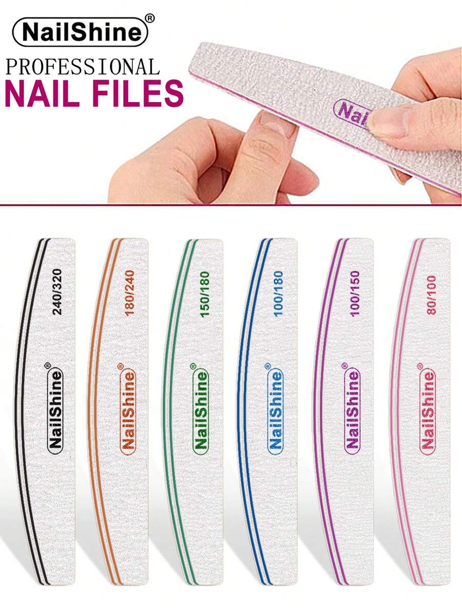 NailShine 3片/5片/10片/25片装专业指甲锉砂纸，加厚，80/100/150/180/240/320目，指甲锉抛光器，美甲打磨，月牙形，青柠工具 - 彩色 - 查看 1