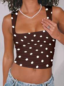 SDNGED2026 Women's Solid Color Double-Layer Ruffle Square Neck Camisole, Polka Dot Print, Versatile, Spring/Summer Casual - Polka Dot Brown - View 5