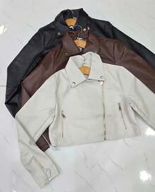 Women's Black Leather Jacket With Zipper - 白色 - 查看 4