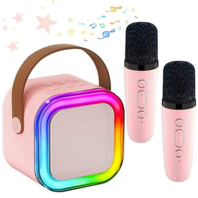 迷你卡拉OK机，适合3-12岁儿童，便携式无线卡拉OK音箱，带LED派对灯和2个无线麦克风，是送给男孩女孩的完美生日和节日玩具礼物。