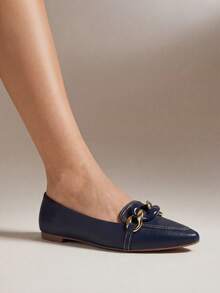 Michelle Navy Blue Pointed Toe Moccasin Shoes | Color Chain In The Middle – Comfortable, Casual - 藏蓝色 - 查看 6